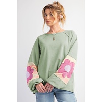 Smoke Green Flower Patchwork Raglan Sleeve Exposed Seam Oversized Top - L thumbnail