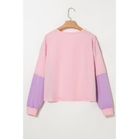 Pink Colorblock Long Sleeve Buttons Henley Top - L thumbnail