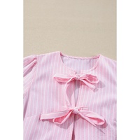 Pink Stripe Bowknot Front Crew Neck Puff Sleeve Blouse - L thumbnail