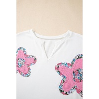White Floral Applique Notched V Neck Dolman Sleeve Top - XL thumbnail