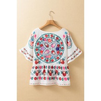 White Boho Floral Print Round Neck Ruffle Trim Blouse - S thumbnail
