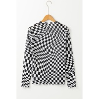 Black Checkered Pattern Mesh Mock Neck Long Sleeve Top - L thumbnail
