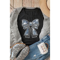 Black Rhinestone Bowknot Graphic Crewneck T Shirt - L thumbnail
