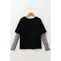Black Faux Two Piece Floral Long Sleeve Patchwork Tee - L thumbnail