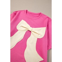 Strawberry Pink Contrasting Color Ribbon Bow Front Patch Loose Tee with Slits - L thumbnail