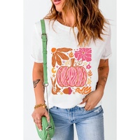 White Floral Pumpkin Printed Crewneck Thanksgiving T Shirt - XL thumbnail
