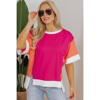Rose Red Color Block Patchwork Side Slits Loose Fit T Shirt - XL thumbnail