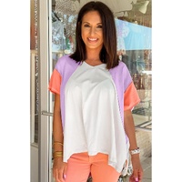 Beige Colorblock Patchwork V Neck Exposed Seam High Low T Shirt - L thumbnail