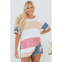 Multicolour Colorblock Patchwork Side Split Tunic T Shirt - L thumbnail
