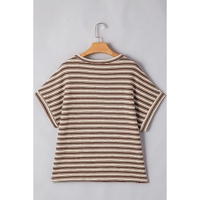 Brown Stripe Textured Side Slits Crew Neck T Shirt - L thumbnail