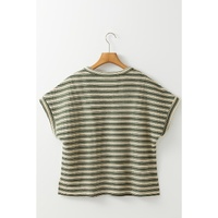 Green Stripe Textured Side Slits Crew Neck T Shirt - L thumbnail