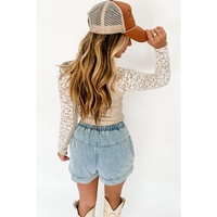 Beige Floral Lace Patchwork Long Sleeve High Neck Slim Top - M thumbnail