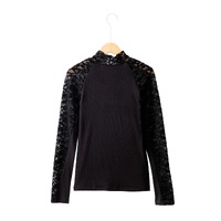 Black Floral Lace Patchwork Long Sleeve High Neck Slim Top - S thumbnail