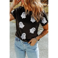 Black Glitter Ghost Pattern Crew Neck Halloween T Shirt - M thumbnail
