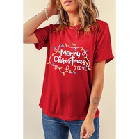 Red Merry Christmas Lights Print Crew Neck T Shirt - M thumbnail