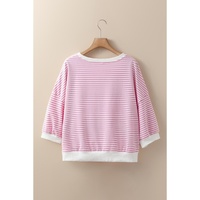 Pink Striped 3/4 Sleeve Drop Shoulder Top - L thumbnail