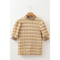 Beige Textured Mock Neck Short Sleeve Blouse - XL thumbnail