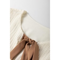 White Textured Bow Ties Front Bubble Hem Puff Short Sleeve Blouse - L thumbnail