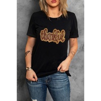Black Sequined Thankful Round Neck Graphic Tee - S thumbnail