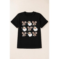 Black Santa Claus Leopard Bow Print Crew Neck Casual T Shirt - S thumbnail