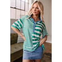 Green Stripe Colorblock Collar Half Buttons T Shirt - L thumbnail