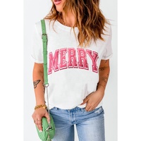 White MERRY Letter Christmas Crew Neck Short Sleeve Top - XL thumbnail