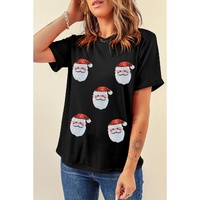 Black Sequin Christmas Claus Pattern Crewneck T Shirt - M thumbnail