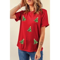 Red Sequined Christmas Tree Graphic Crewneck T Shirt - S thumbnail
