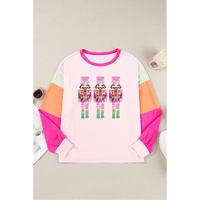 Pink Christmas Sequin Nutcracker Graphic Colorblock Long Sleeve Top - L thumbnail