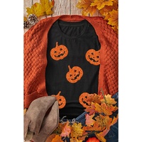 Black Glittering Pumpkin Face Graphic Crewneck Halloween T Shirt - S thumbnail