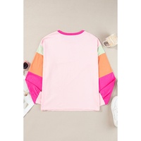 Pink Christmas Santa Claus Graphic Colorblock Patchwork Top - L thumbnail