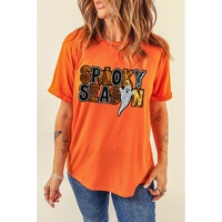 Orange Sequin SPOOKY SEASON Ghost Pattern Halloween T Shirt - S thumbnail