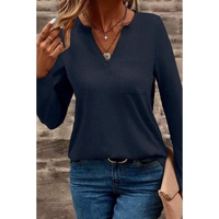 Dirty blue Notch V Neck Pocket Patched Long Sleeve T Shirt - L thumbnail