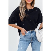 Black Pearl Beaded  Drop Shoulder Crewneck T Shirt - M thumbnail
