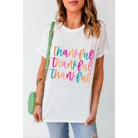 White Thankful Printed Crewneck Thanksgiving T Shirt - XL thumbnail