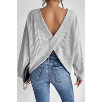 Light Grey Textured Crossover Backless Knit Long Sleeve Top - L thumbnail