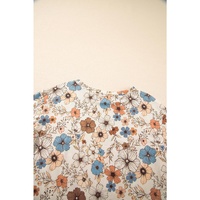 Khaki Floral Print Loose Crew Neck Long Sleeve T Shirt - L thumbnail