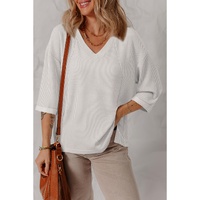 White Solid Color Corded Drop Shoulder 3/4 Sleeve V Neck Top - XL thumbnail