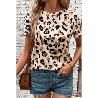 Apricot Leopard Print Round Neck Casual T Shirt - L thumbnail
