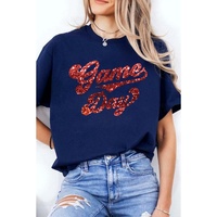 Blue Glittering Game Day Graphic Cuffed Sleeve Crew Neck T Shirt - L thumbnail