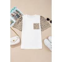 White Leopard Patchwork Crochet Lace Trim Puff Sleeve T Shirt - S thumbnail