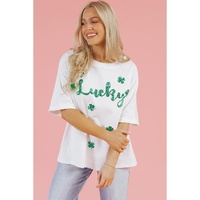 White St Patrick Lucky Clover Sequin Graphic T Shirt - M thumbnail