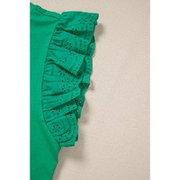 Dark Green Embroidered Ruffled Sleeve Slim Fit Crew Neck Top - L thumbnail
