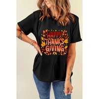 Black Happy Thanksgiving Leaves Print Crew Neck T Shirt - XL thumbnail
