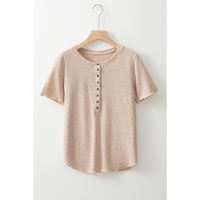 Oatmeal Short Sleeve Half Button Ribbed Knit Top - L thumbnail