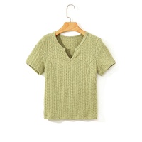 Spinach Green Textured Knit Slim Fit Notch V Neck T Shirt - L thumbnail