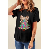 Black Heat Transfer Printing Christmas Tree Bowknot T-Shirt - M thumbnail