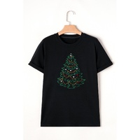 Black Rhinestone Christmas Tree Round Neck Graphic Tee - L thumbnail