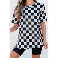 Black Western Fashion Checkerboard Print Side Split T Shirt - L thumbnail