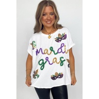 White Mardi Gras Tinsel Sequin Graphic T Shirt - L thumbnail